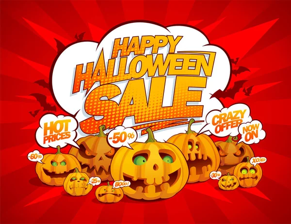 Bannière Vente Halloween Heureuse Avec Foule Citrouilles Parlantes Bulles Expression — Image vectorielle