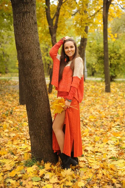 カジュアルなオレンジ色のセーターとスカートを着た女性が秋の公園でポーズを笑顔で — ストック写真