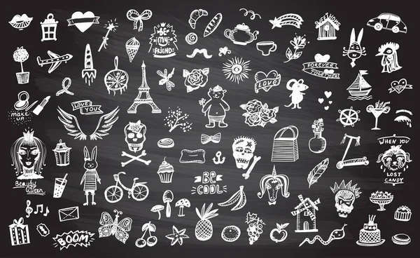 Doodle Elementos Línea Gráfica Establecidos Una Pizarra Colección Símbolos Ilustración — Vector de stock