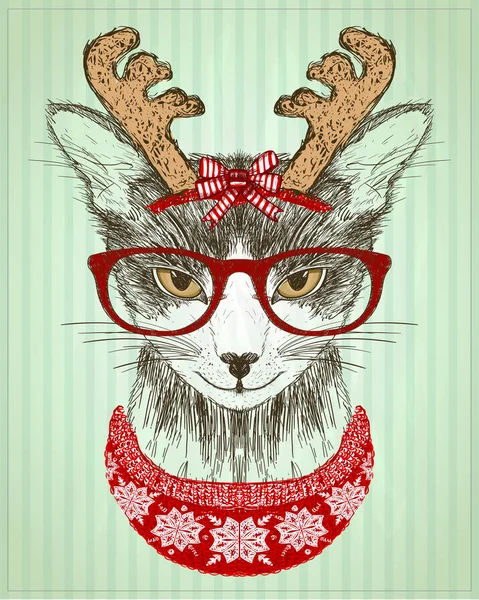 Hipster Kat Gekleed Rood Glazen Herten Hoorns Hoed Rode Gebreide — Stockvector