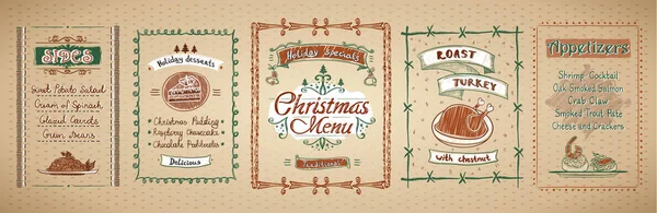 圣诞菜单设计设置 向量手绘的例证与假日菜单 主要菜 开胃菜 — 图库矢量图片