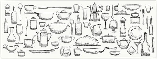 Set Grafic Doodle Ustensile Bucătărie Veselă Ilustrație Vectorială Desenată Manual — Vector de stoc