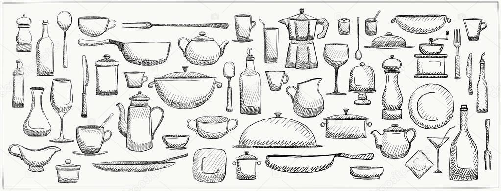 Graphic doodle set of kitchen utensils and tableware, hand drawn art line vector illustration