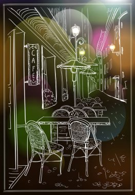 Gece eski şehirdeki sokak kafe el çizilen illüstrasyon