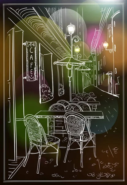 Straat Café Nacht Oude Stad Hand Getekende Illustratie — Stockvector