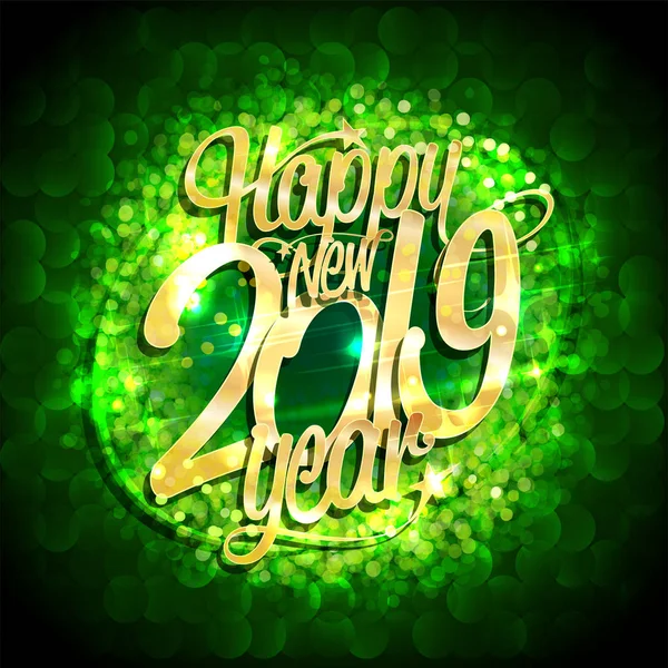 Happy New 2019 Year Card Golden Sparkles Gold Lettering Vector — Stock Vector