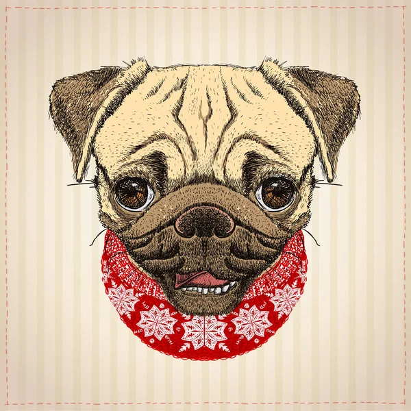Mops Hund Weihnachtskarte Handgezeichnete Illustration Mit Niedlichem Mops Hund Gekleidet — Stockvektor