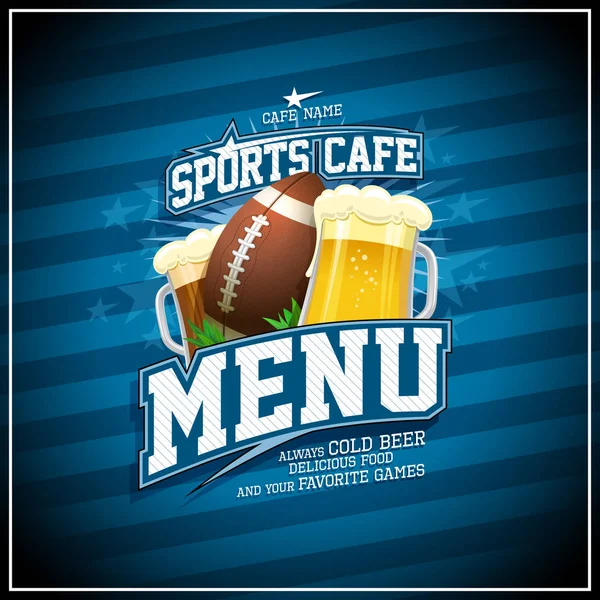 Sportovní Café Menu Karta Vektorový Design Rugby Míč Sklenic Piva — Stockový vektor