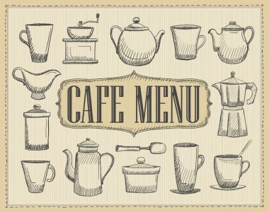 Cafe menü kapak ile elle çizilmiş grafik resmini bir eski stil çatal bıçak takımı