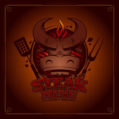Biftek menü kartı kapak tasarım konsepti boğa kafası bir ızgara