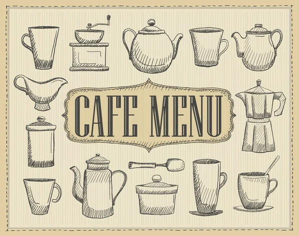 Cafe Meny Omslag Med Handritade Grafisk Illustration Gammal Stil Bestick — Stock vektor