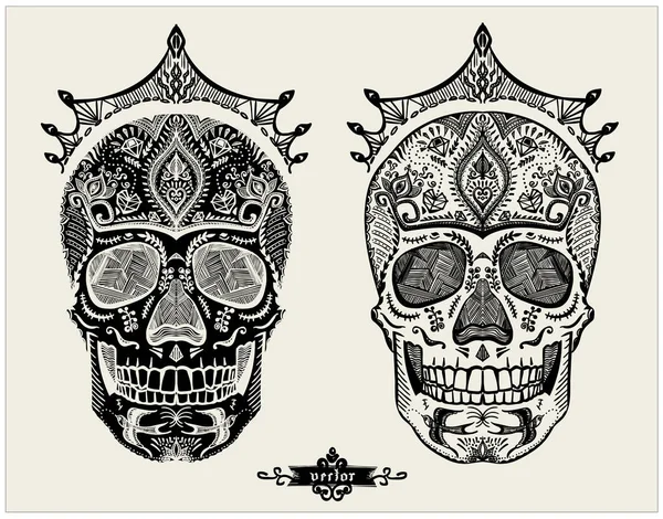 Hand Drawn Ornamental Skulls Set Sugar Skulls Crowns Vector Illustration — 图库矢量图片