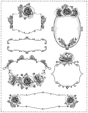 Çizilmiş grafik floral çerçeveler el gül, sevgi ve düğün tema, vintage tarzı ile