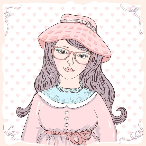 Vintage Style Graphic Portrait Cute Young Woman Dressed Pink Hat — Stock Vector