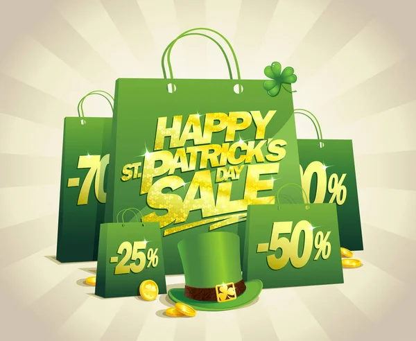 Concepto Banner Patrick Day Sale Con Bolsas Papel Verde — Vector de stock