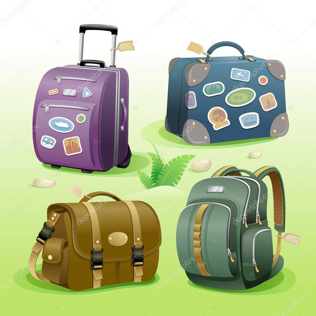 Traveling bags signs set, illustration with suitcase, bag, briefcase and backpack
