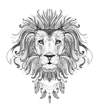 Aslan Kral ile grafik poster boho stil tüyler kolye, önden görünüm portre giyinmiş