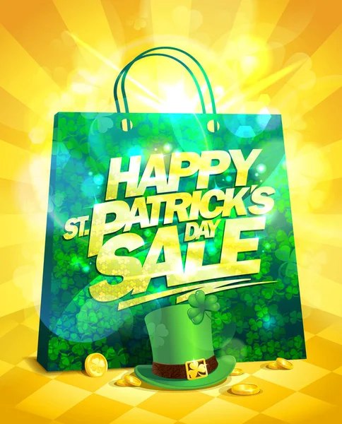 Patrick 's Day Sale Plakatkonzept mit grüner Papiertüte, Koboldmütze — Stockvektor