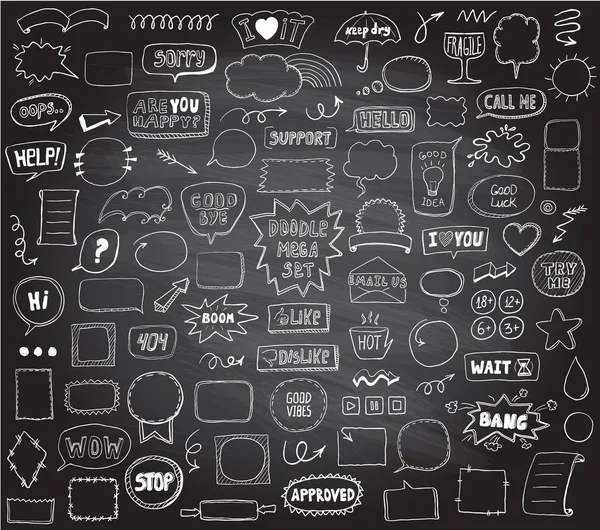 Graphic sketch elements set on a chalkboard - doodle graphic line signs and symbols, speech bubbles, frames, phrases — Stock Vector