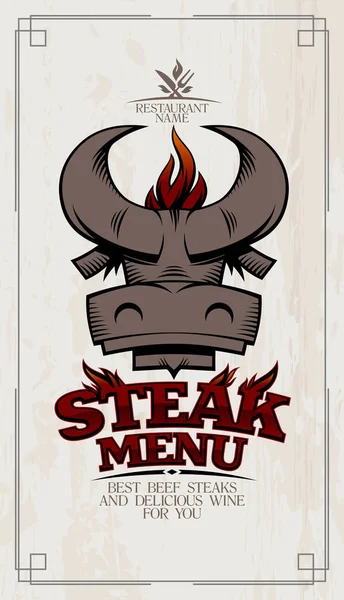 Steak menu card cover with bull head and BBQ flame — Stock Vector
