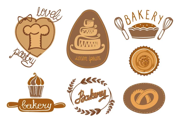 Panadería y pastelería colección logotipos, dibujado a mano — Archivo Imágenes Vectoriales