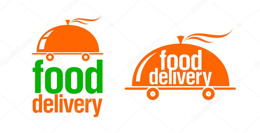 Food delivery signs or logos set, fast and hot cloche on wheels symbol
