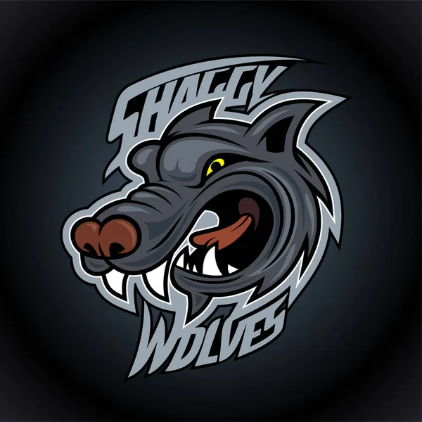 Shaggy wolves logo design concept on dark background, sport infographic team pictogram, camiseta estampado — Archivo Imágenes Vectoriales