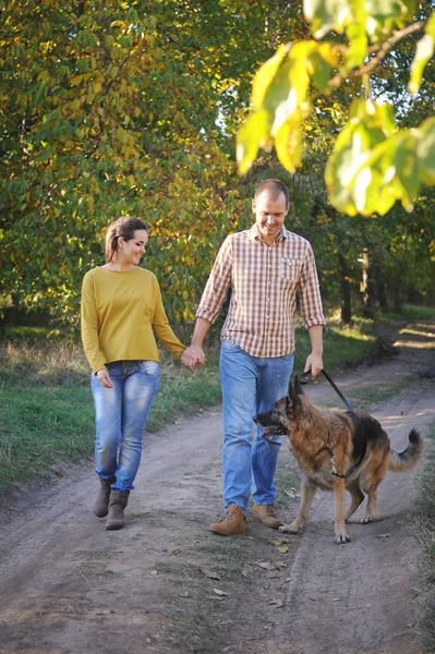 Glückliches Liebespaar, das mit seinem Schäferhund im Park spazieren geht, Händchen haltend — Stockfoto