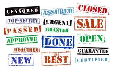 Stamps multi set: urgent, secret, required, assured, granted, passed, done, sale, new, best, closed, certified, open, censored and guarantee clipart