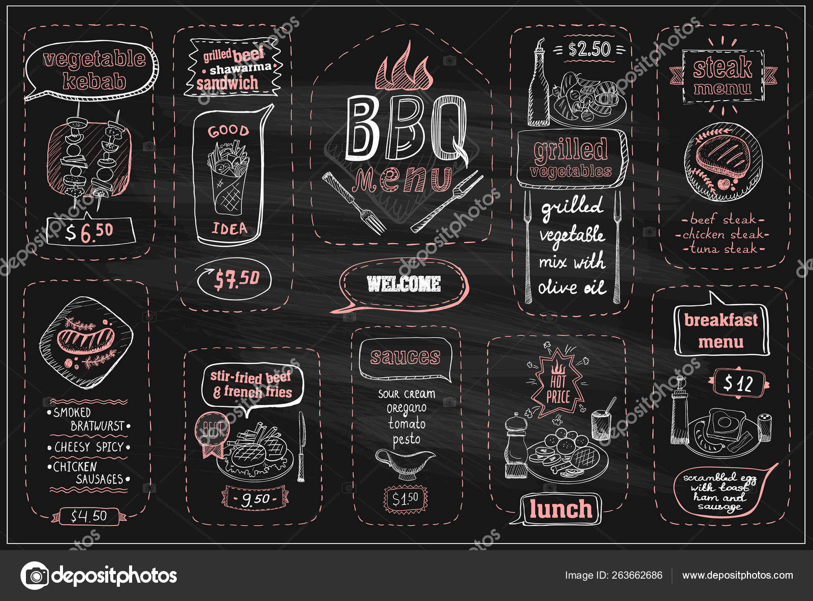 Chalkboard barbecue menu, beef steaks, sausages, lunch, breakfast and