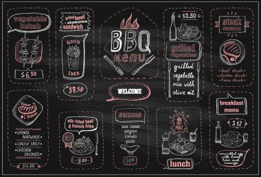 Chalkboard barbekü menüsü, sığır biftek, sosis, öğle yemeği, kahvaltı ve soslar, vb.
