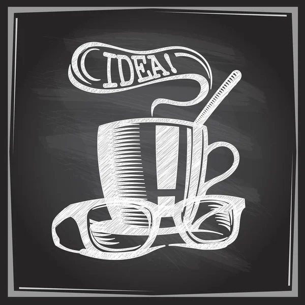 Tazza di tè con bicchieri e palloncino discorso idea su una lavagna — Vettoriale Stock