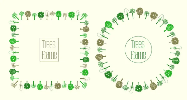 Molduras redondas e quadradas com árvores, vetor desenhado à mão — Vetor de Stock