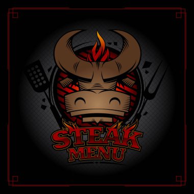 Boğa başı, barbekü ızgarası ve alev ile biftek menü kapağı tasarımı