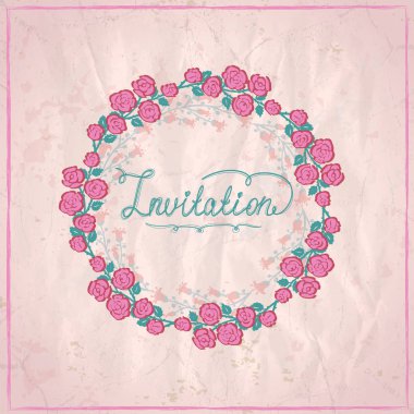 Düğün davetiyekartı, pembe güller ile el çizilmiş çiçek kartı