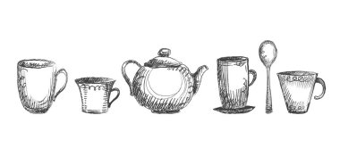 Çay gereçleri, elle çizilmiş set sembolleri