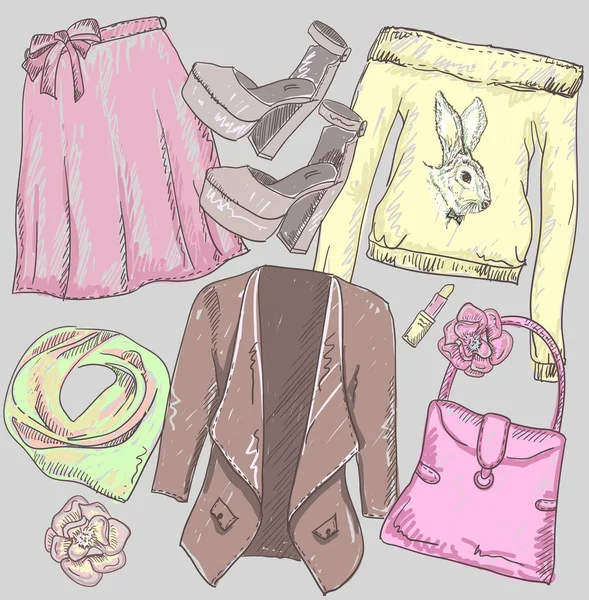 Mode hand getekende schets van een jas, rok, tas, lippenstift, schoenen en Sweatshirt — Stockvector