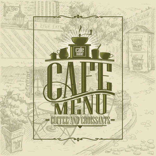 Estilo retro café menú cubierta concepto de diseño, café y croissants — Vector de stock