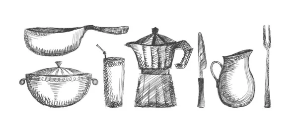 Wektor ręcznie rysowane zbiór przyborów kuchennych, szorstkie symbole graficzne linii — Wektor stockowy