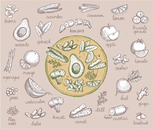 Symboles alimentaires végétariens, fruits, légumes et noix, assiette de légumes — Image vectorielle