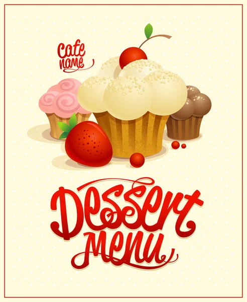 Dessert menu cover design with cupcakes and berries — Stock Vector