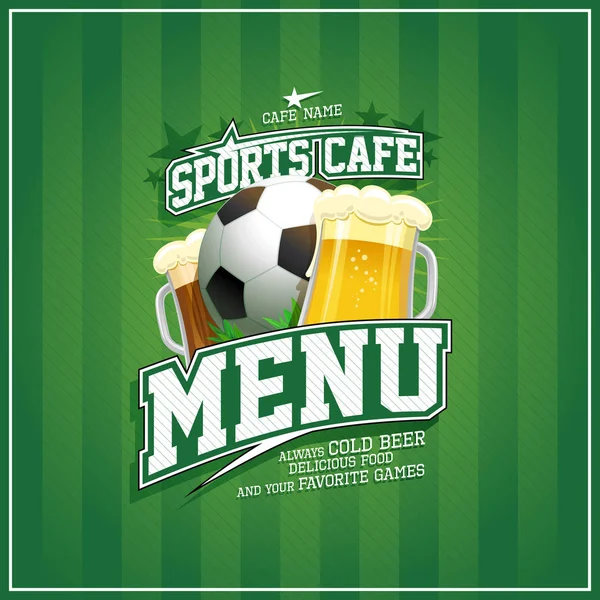Diseño de cubierta de menú de café deportivo con pelota de fútbol y tazas de cerveza — Archivo Imágenes Vectoriales