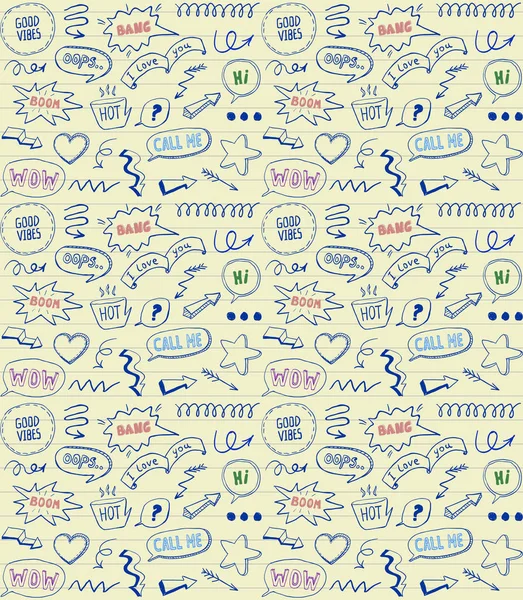 Padrão sem costura estilo doodle com bolhas de fala, papel de linha — Vetor de Stock