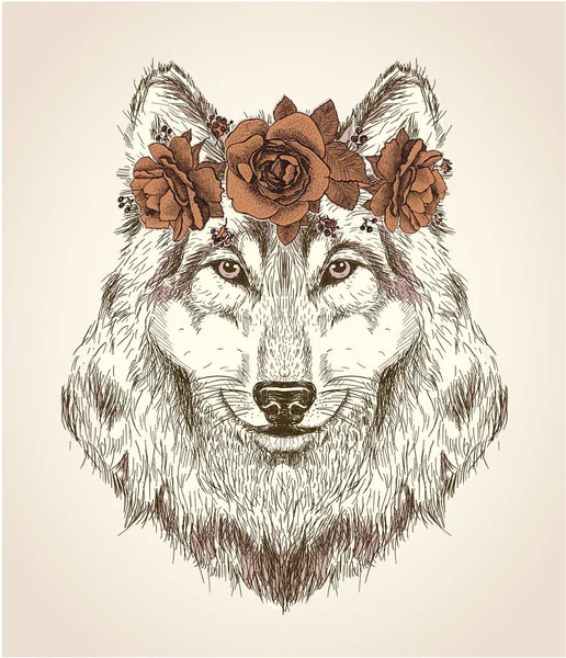 그녀의 머리에 꽃 머리띠와 그녀 늑대의 벡터 스케치 초상화 — 스톡 벡터