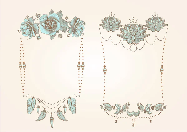 Estilo boho, hippie, marcos de estilo indie con flores, plumas y perlas — Vector de stock