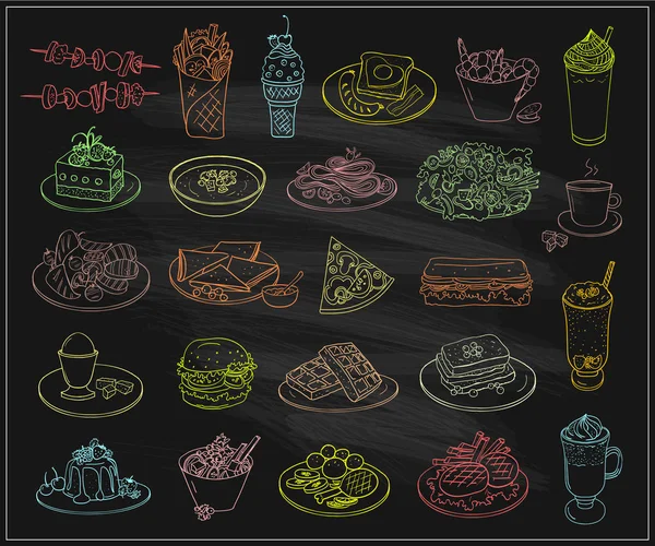 Surtido de platos símbolos de alimentos en una pizarra, postres y bebidas, muchos platos vegetarianos, platos principales — Vector de stock