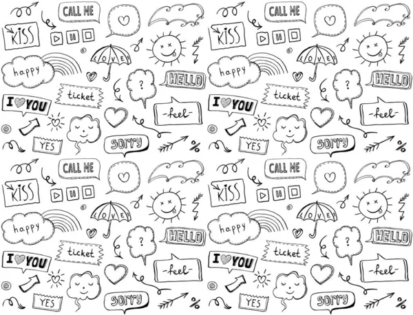 Seamless pattern with omic style elements and speech bubbles, doodle style hand drawn vector illustration — Stock Vector