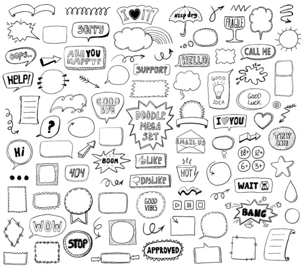 Graphic sketch elements set - doodle graphic line signs and symbols, speech bubbles, frames, phrases — Stock Vector