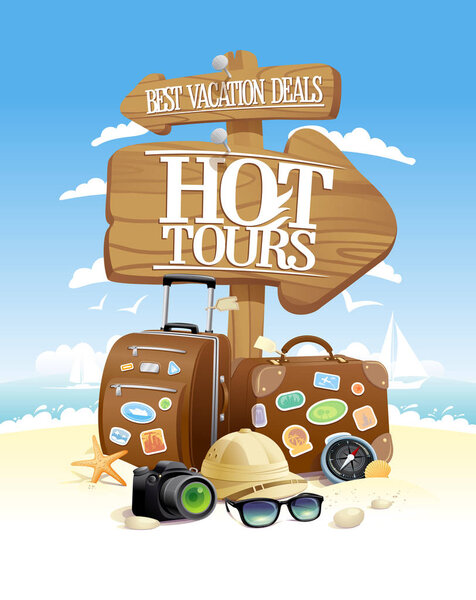 Adventure tours, best vacation, vector touristic design concept with travel bags, sunglasses, hat and photo camera