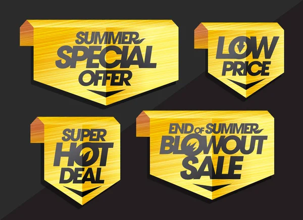 Conjunto de letreros y cintas: oferta especial de verano, precio bajo, oferta súper caliente, venta de reventón de final de verano — Vector de stock